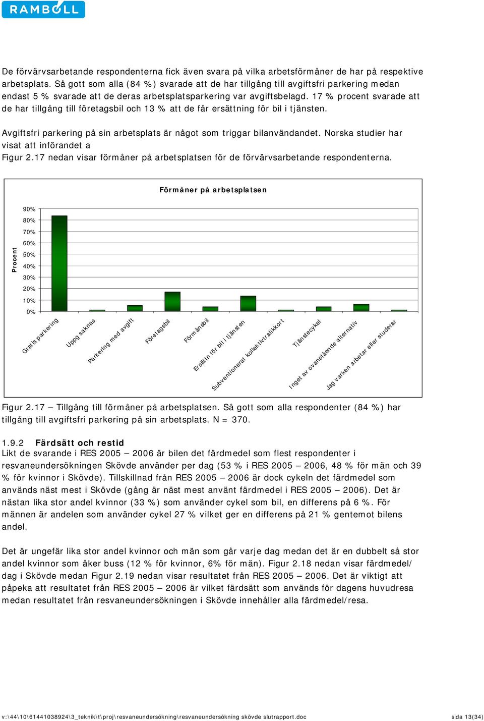 17 % procent svarade att de har tillgång till företagsbil och 13 % att de får ersättning för bil i tjänsten. Avgiftsfri parkering på sin arbetsplats är något som triggar bilanvändandet.