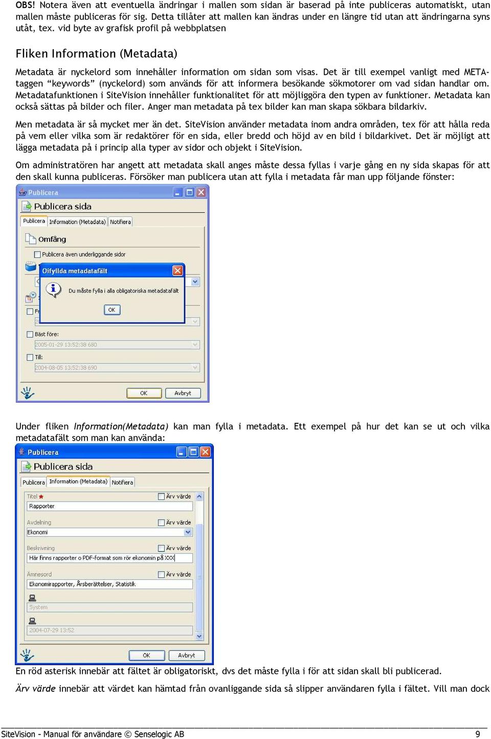 vid byte av grafisk profil på webbplatsen Fliken Information (Metadata) Metadata är nyckelord som innehåller information om sidan som visas.