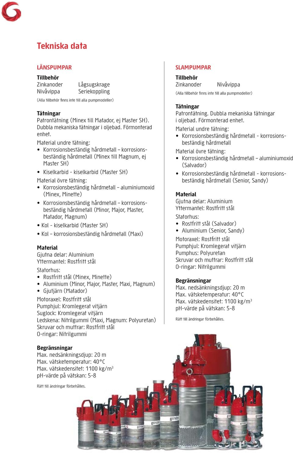 Material undre tätning: Korrosionsbeständig hårdmetall korrosionsbeständig hårdmetall (Minex till Magnum, ej Master S) Kiselkarbid - kiselkarbid (Master S) Material övre tätning: Korrosionsbeständig
