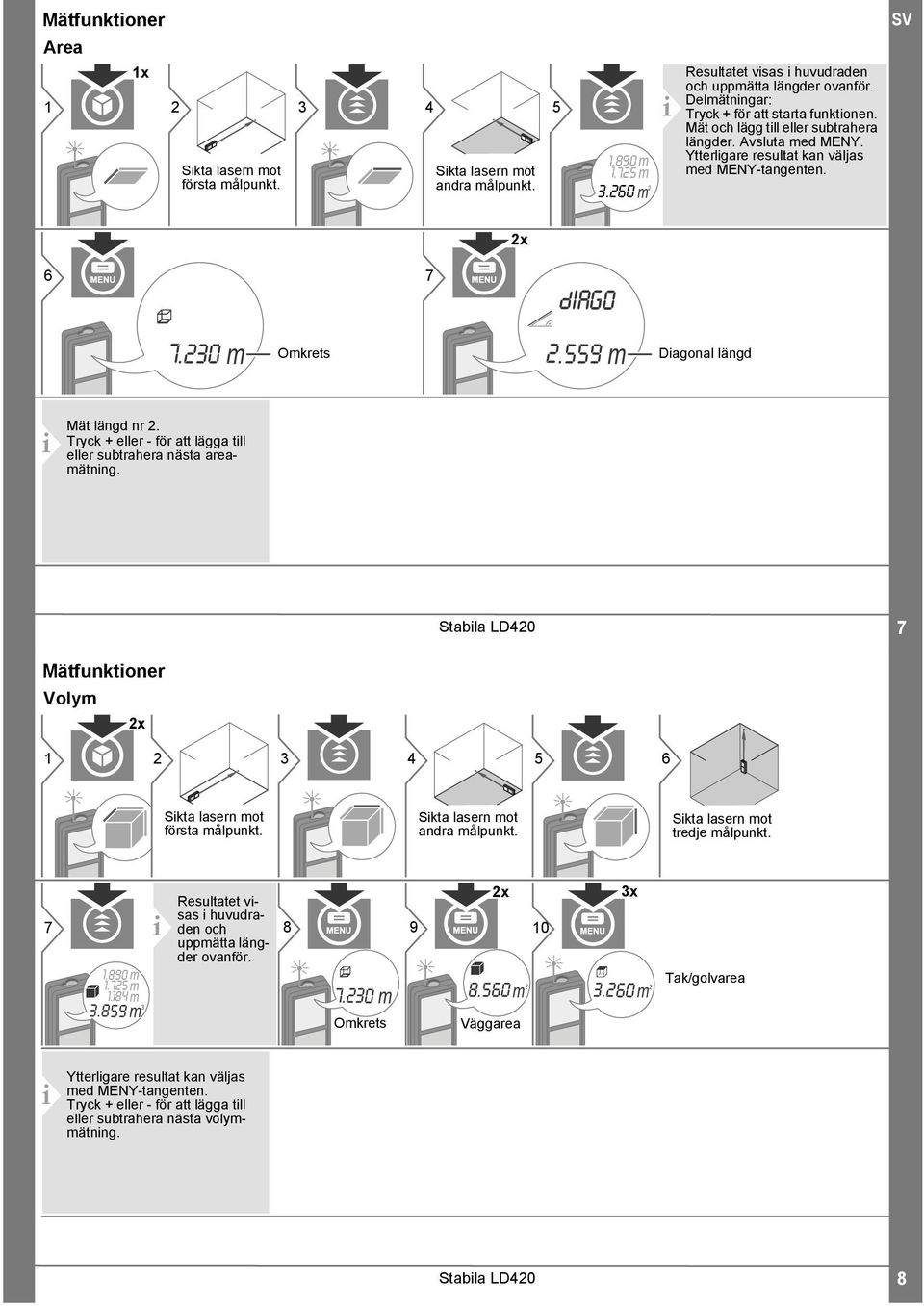 Tryck + eller - för att lägga tll eller subtrahera nästa areamätnng. Stabla LD40 7 Mätfunktoner Volym x 4 5 6 första målpunkt. andra målpunkt. tredje målpunkt. 7.90 m.75.4 m.