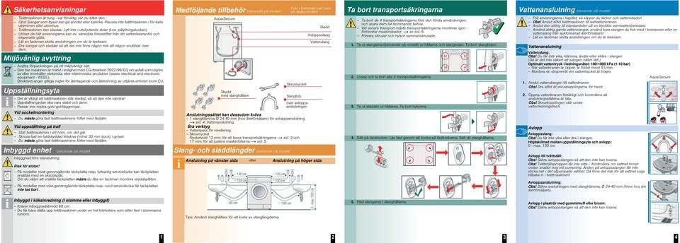 Placera inte tvättmaskinen i för kalla utrymmen eller utomhus. Tvättmaskinen kan skadas. Lyft inte i utskjutande delar (t.ex. påfyllningsluckan). Utöver de här anvisningarna kan ev.