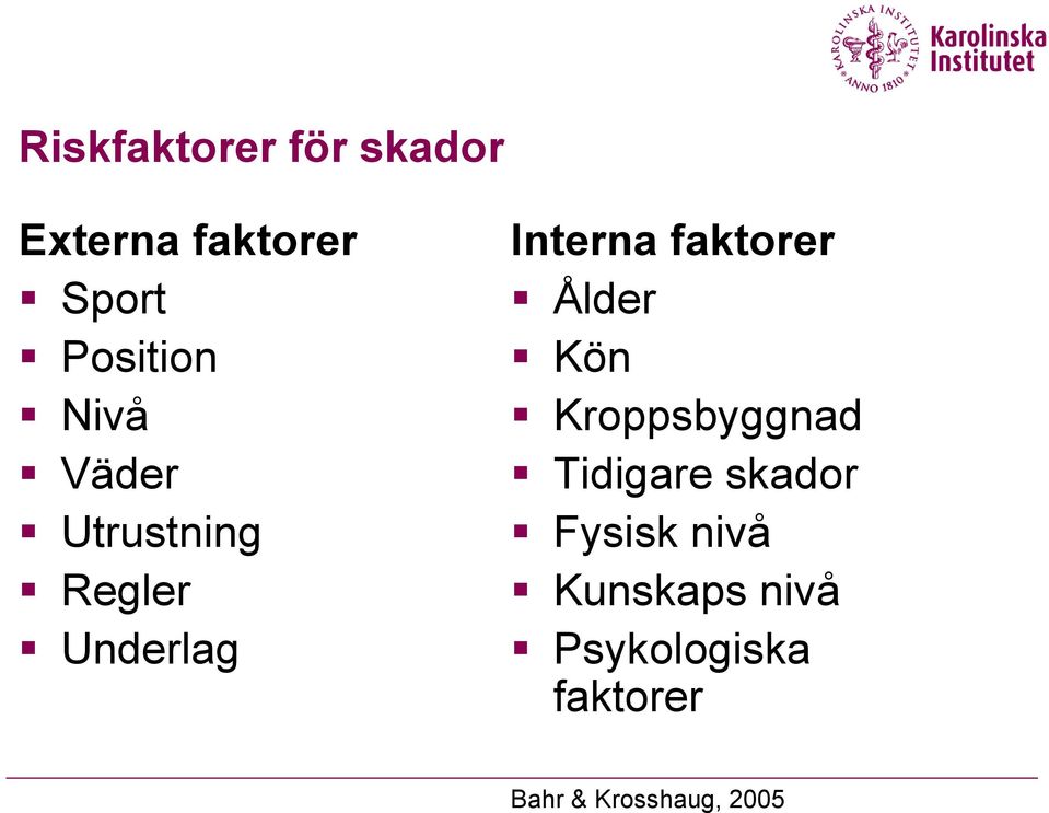 Ålder Kön Kroppsbyggnad Tidigare skador Fysisk nivå