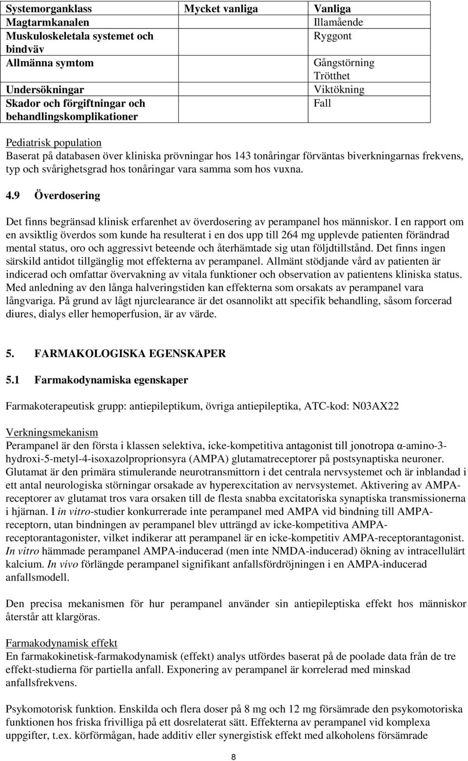 tonåringar vara samma som hos vuxna. 4.9 Överdosering Det finns begränsad klinisk erfarenhet av överdosering av perampanel hos människor.