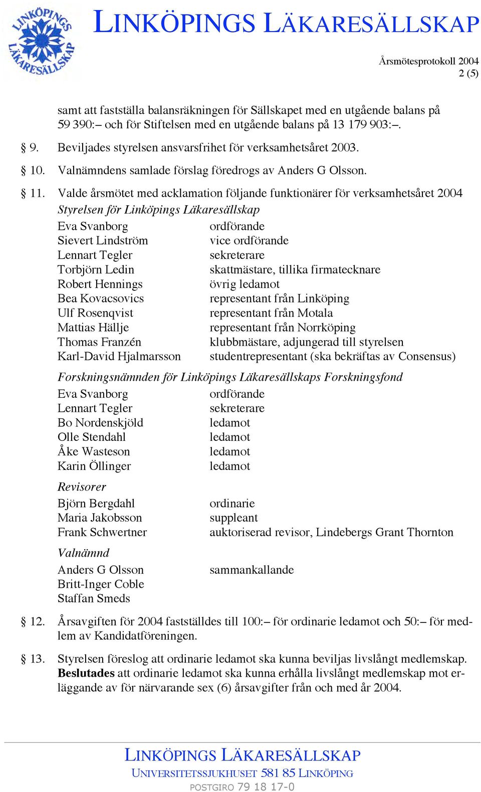 Valde årsmötet med acklamation följande funktionärer för verksamhetsåret 2004 Styrelsen för Linköpings Läkaresällskap Eva Svanborg ordförande Sievert Lindström vice ordförande Lennart Tegler
