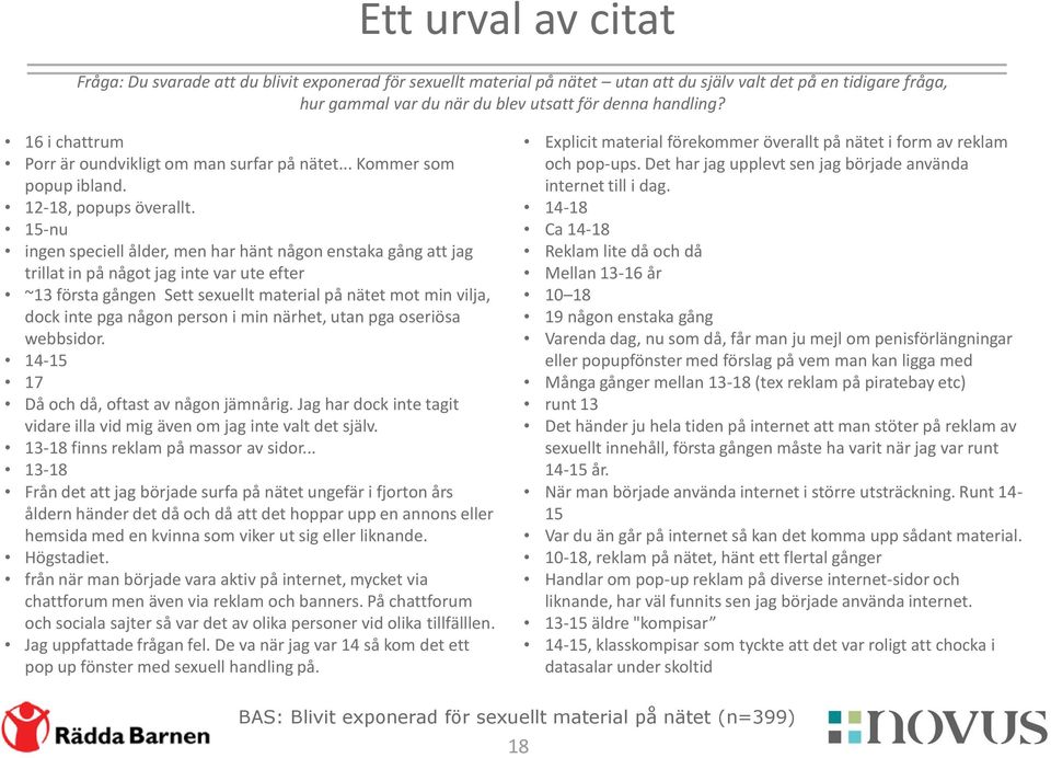 15-nu ingen speciell ålder, men har hänt någon enstaka gång att jag trillat in på något jag inte var ute efter ~13 första gången Sett sexuellt material på nätet mot min vilja, dock inte pga någon