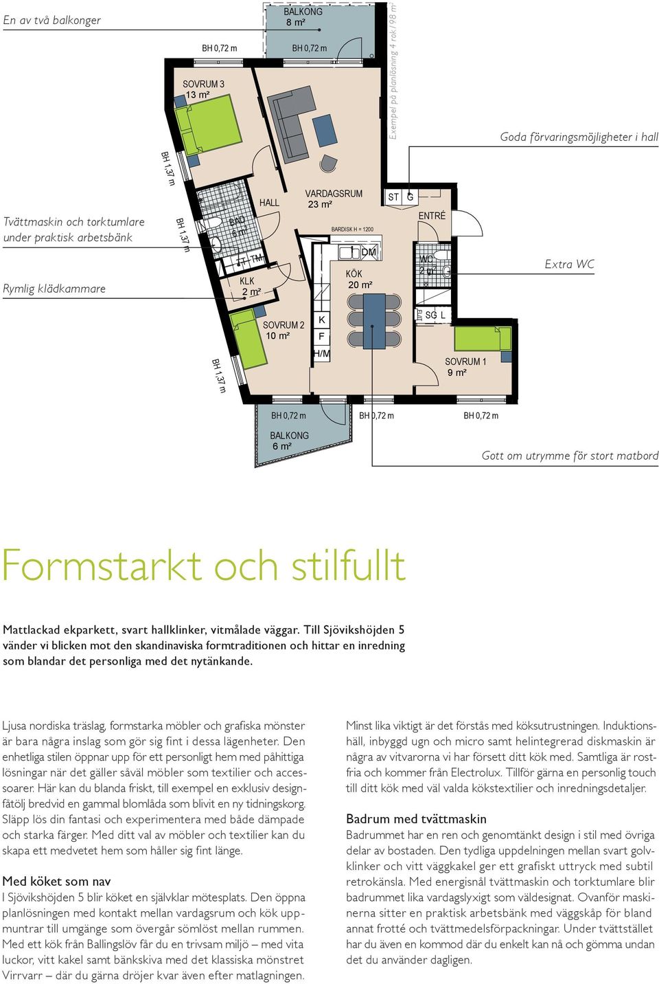 förvaringsmöjligheter i hall G Extra WC SOVRUM 2 10 m² K F H/M EL/IT SG L SOVRUM 1 9 m² 1170 ÖFG BH 1,37 m BR BH 0,72 m BALKONG 6 m² BH 0,72 m LGH 4 RoK BH 0,72 m Gott om utrymme för stort matbord