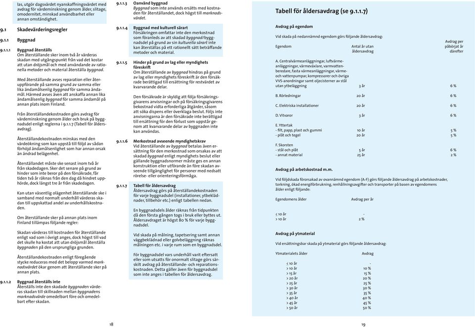 1 Byggnad 9.1.1.1 Byggnad återställs Om återställande sker inom två år värderas skadan med utgångspunkt från vad det kostar att utan dröjs mål och med användande av rationella metoder och material