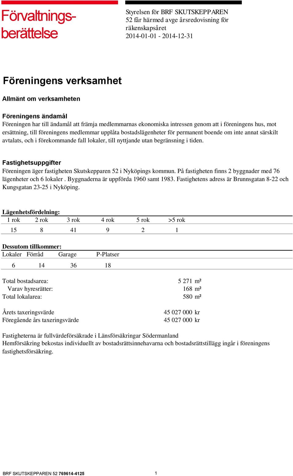 annat särskilt avtalats, och i förekommande fall lokaler, till nyttjande utan begränsning i tiden. Fastighetsuppgifter Föreningen äger fastigheten Skutskepparen 52 i Nyköpings kommun.