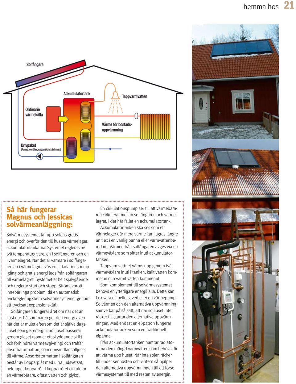 När det är varmare i solfångaren än i värmelagret slås en cirkulationspump igång och gratis energi leds från solfångaren till värmelagret. Systemet är helt självgående och reglerar start och stopp.