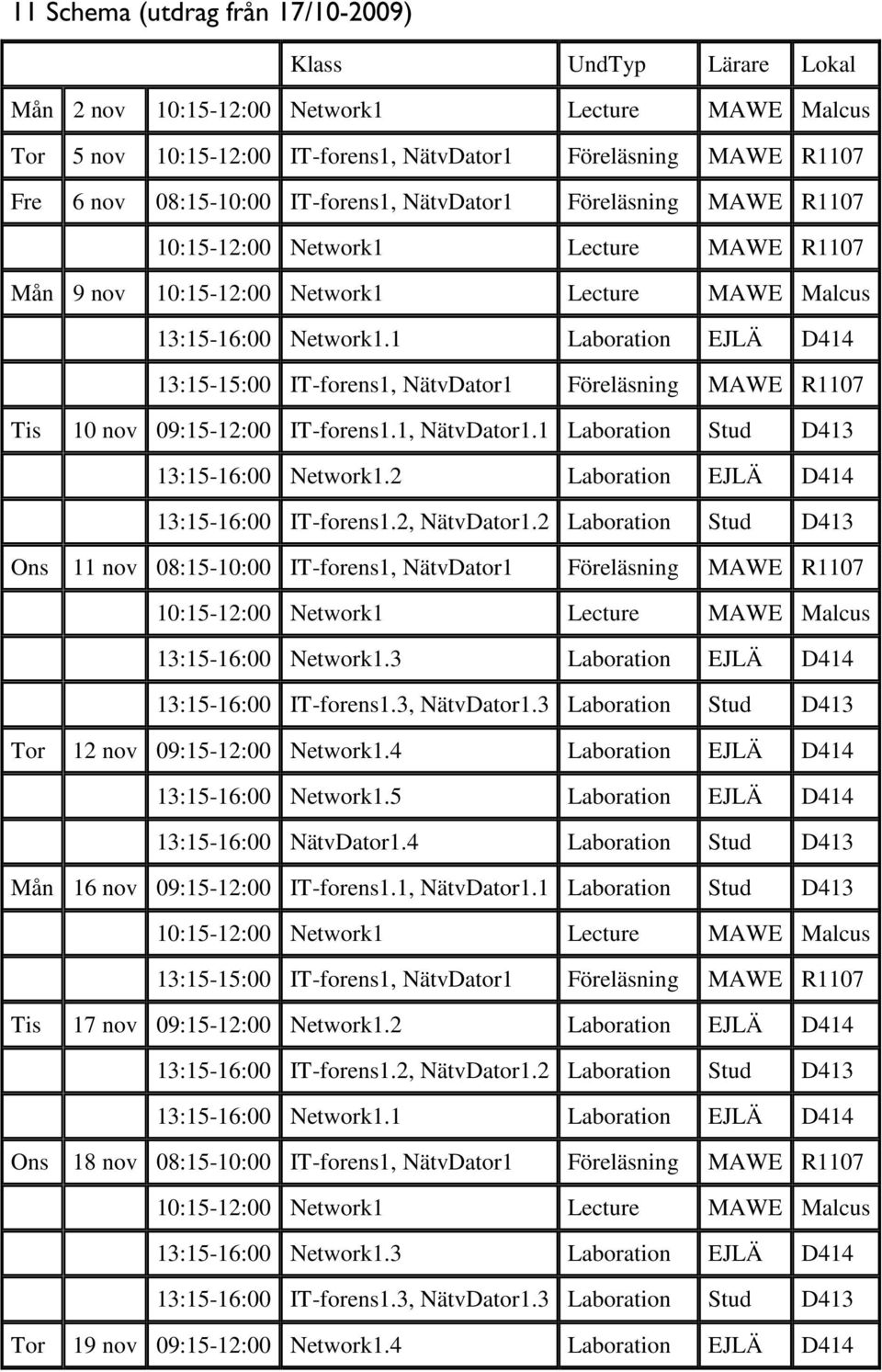 1 Laboration EJLÄ D414 13:15-15:00 IT-forens1, NätvDator1 Föreläsning MAWE R1107 Tis 10 nov 09:15-12:00 IT-forens1.1, NätvDator1.1 Laboration Stud D413 13:15-16:00 Network1.