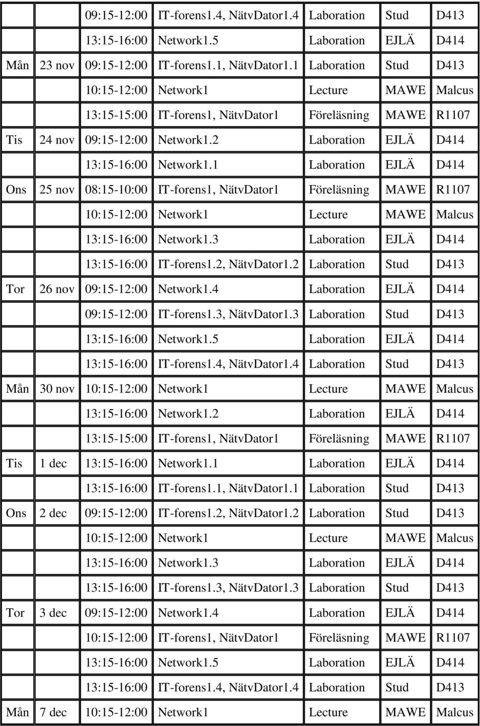 1 Laboration EJLÄ D414 Ons 25 nov 08:15-10:00 IT-forens1, NätvDator1 Föreläsning MAWE R1107 10:15-12:00 Network1 Lecture MAWE Malcus 13:15-16:00 Network1.3 Laboration EJLÄ D414 13:15-16:00 IT-forens1.