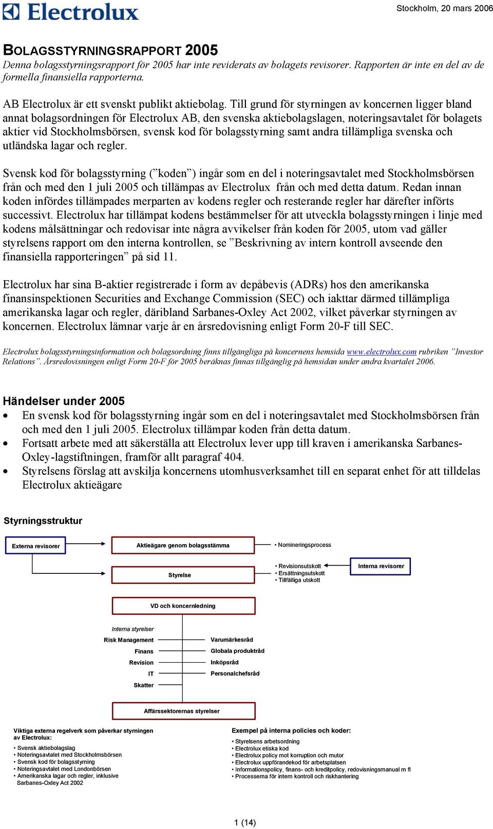 Till grund för styrningen av koncernen ligger bland annat bolagsordningen för Electrolux AB, den svenska aktiebolagslagen, noteringsavtalet för bolagets aktier vid Stockholmsbörsen, svensk kod för