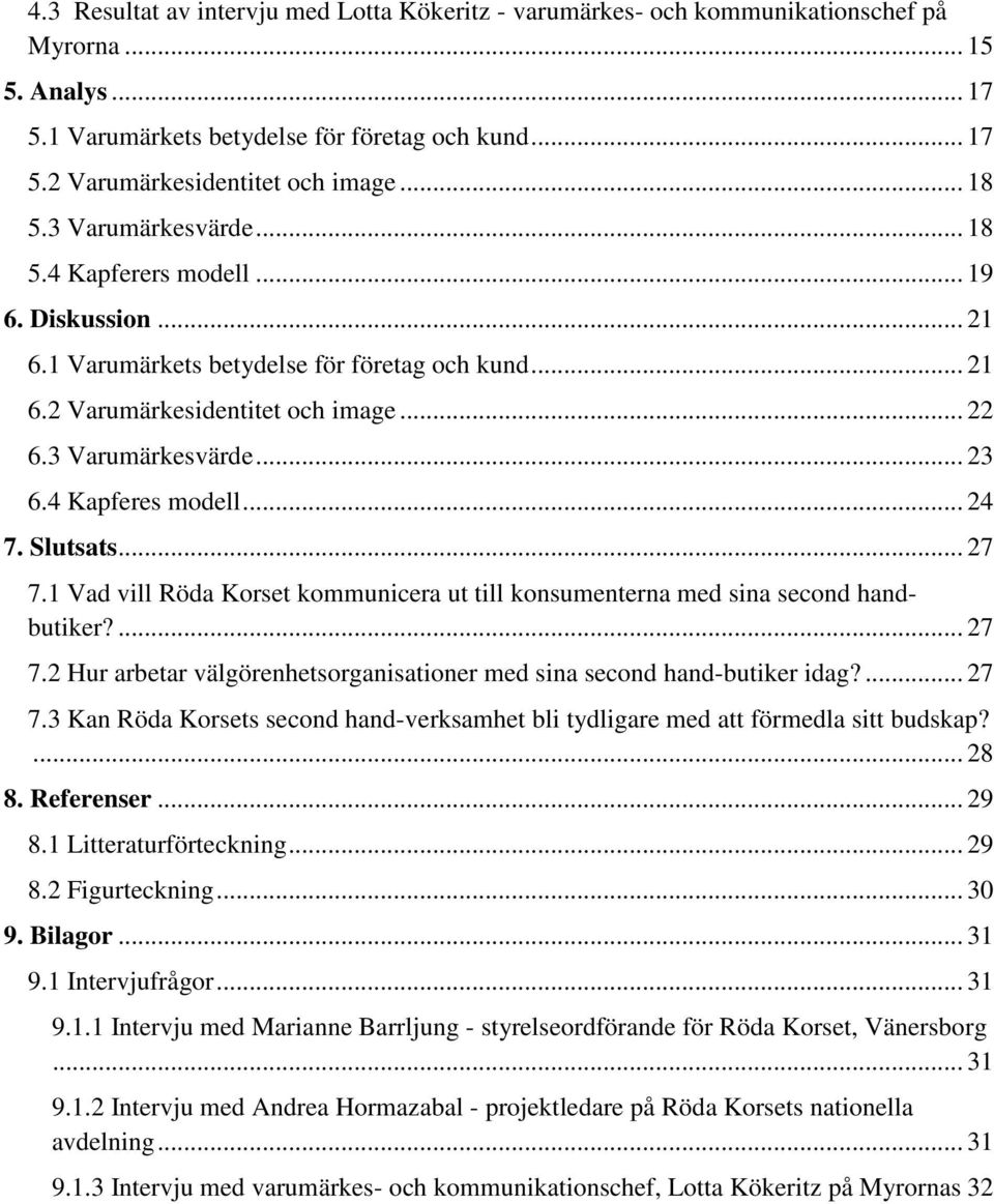 4 Kapferes modell... 24 7. Slutsats... 27 7.1 Vad vill Röda Korset kommunicera ut till konsumenterna med sina second handbutiker?... 27 7.2 Hur arbetar välgörenhetsorganisationer med sina second hand-butiker idag?