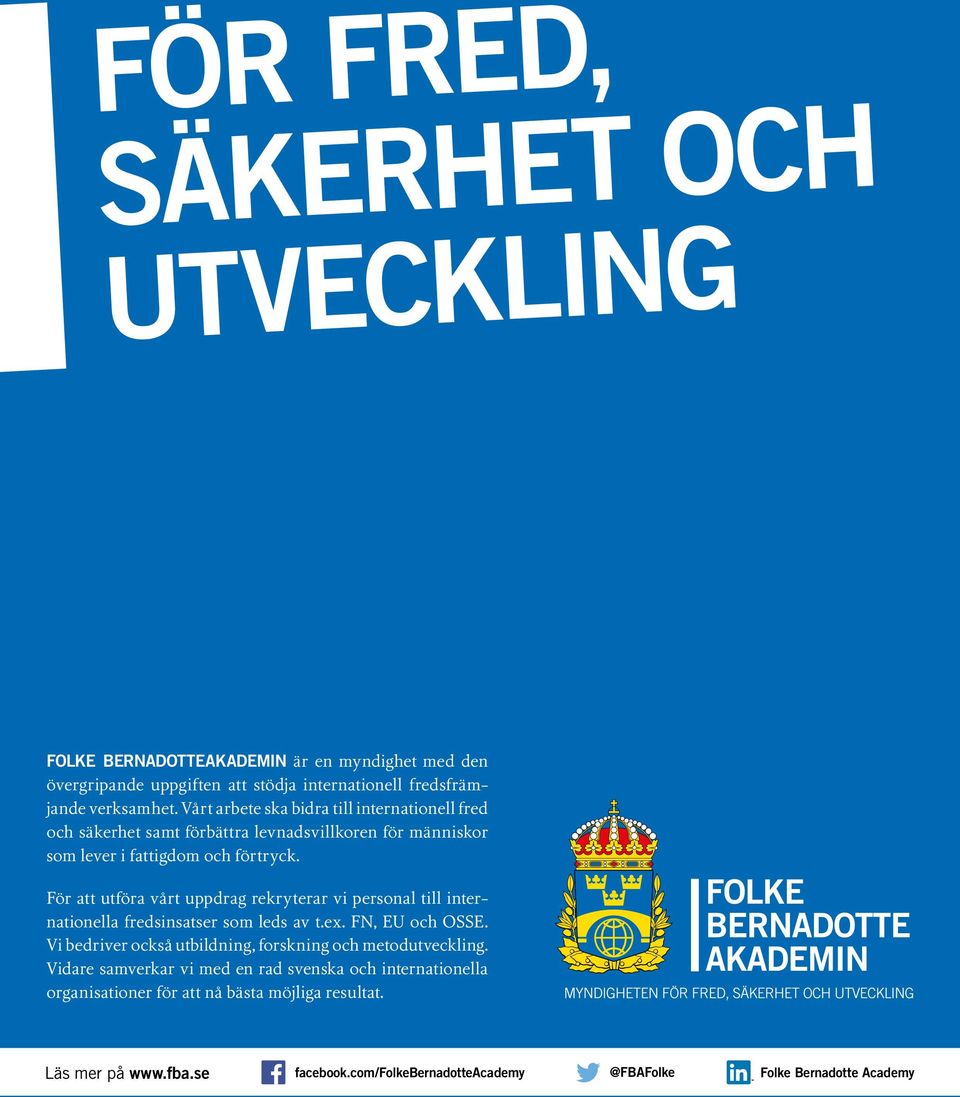 För att utföra vårt uppdrag rekryterar vi personal till internationella fredsinsatser som leds av t.ex. FN, EU och OSSE.