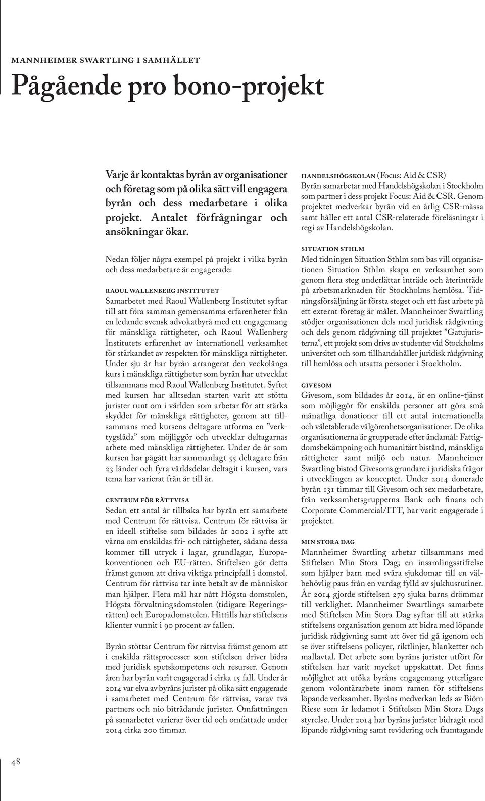 Nedan följer några exempel på projekt i vilka byrån och dess medarbetare är engagerade: Raoul Wallenberg Institutet Samarbetet med Raoul Wallenberg Institutet syftar till att föra samman gemensamma