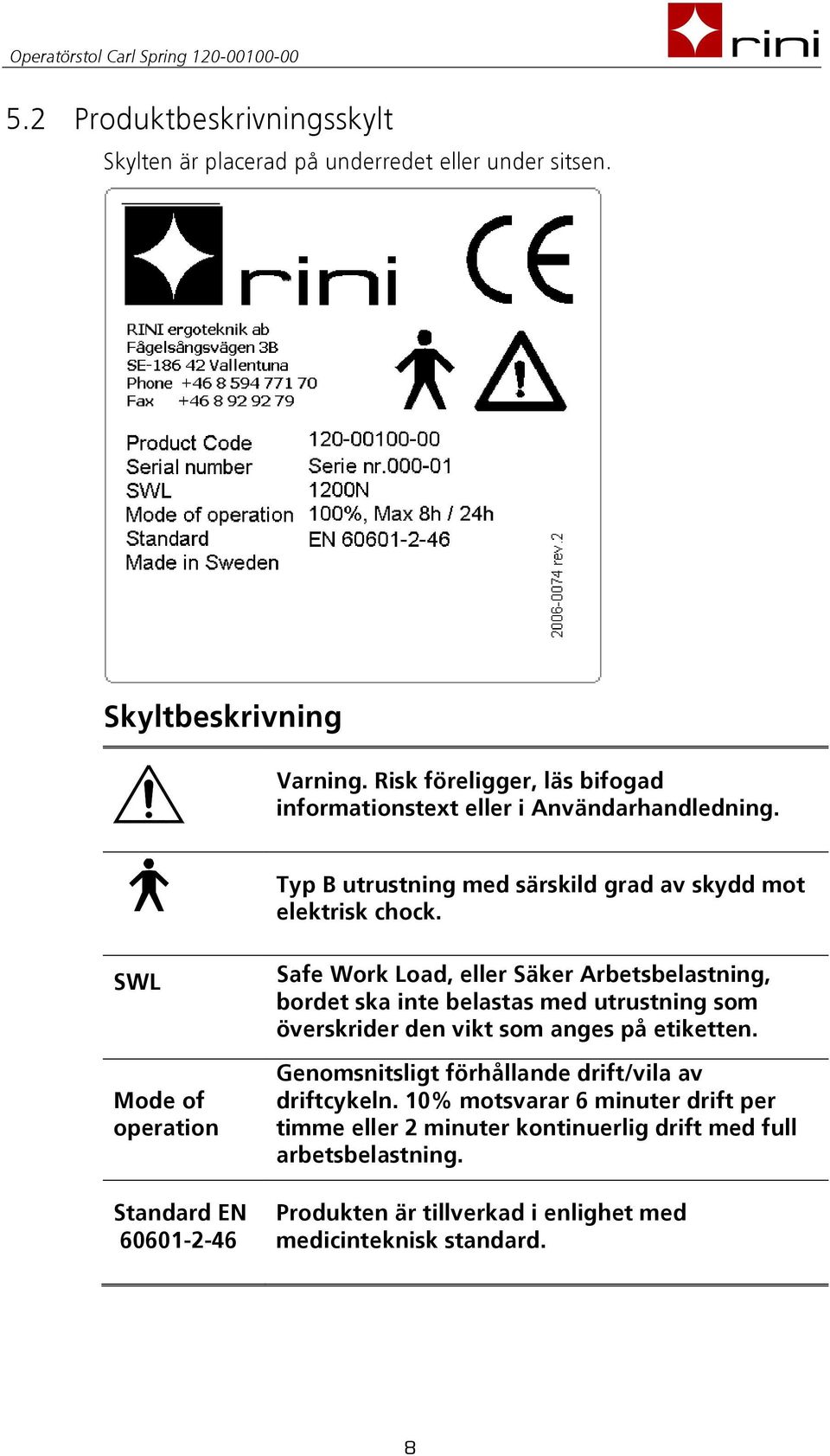 SWL Mode of operation Standard EN 60601-2-46 Safe Work Load, eller Säker Arbetsbelastning, bordet ska inte belastas med utrustning som överskrider den vikt som