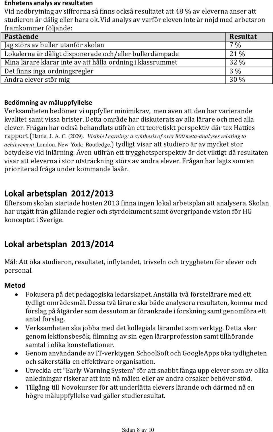 lärare klarar inte av att hålla ordning i klassrummet 32 % Det finns inga ordningsregler 3 % Andra elever stör mig 30 % Bedömning av måluppfyllelse Verksamheten bedömer vi uppfyller minimikrav, men