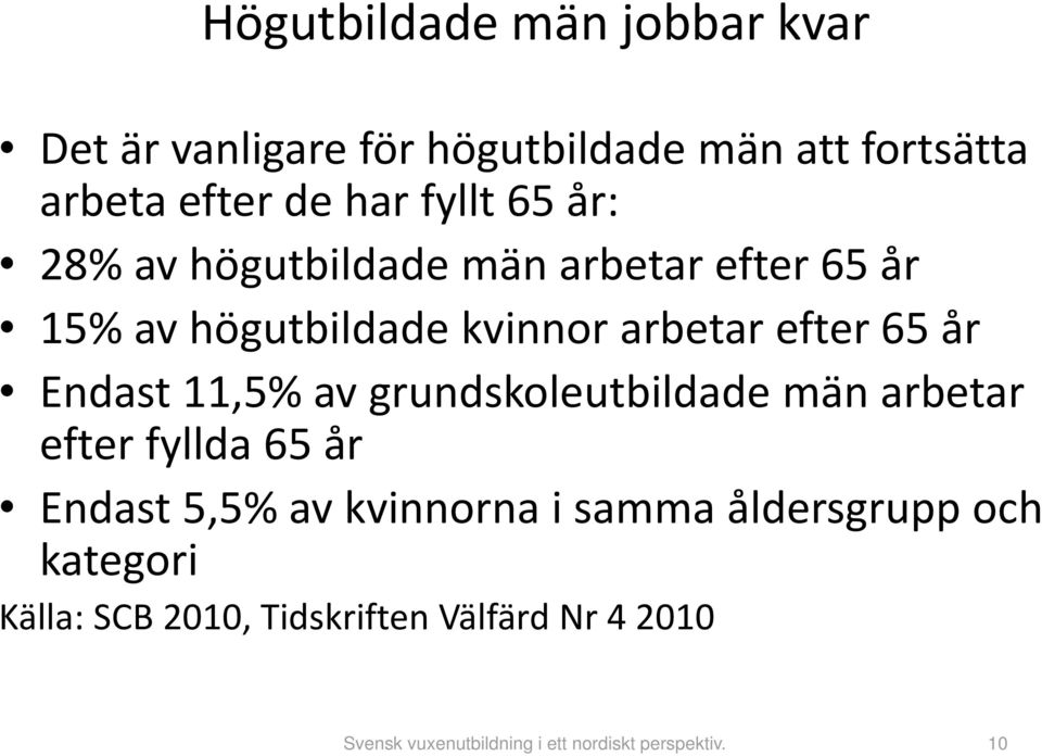 arbetar efter 65 år Endast 11,5% av grundskoleutbildade män arbetar efter fyllda 65 år Endast