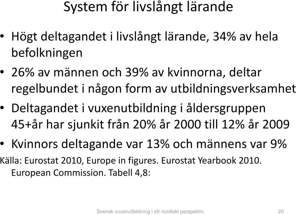 vuxenutbildning i åldersgruppen 45+år har sjunkit från 20% år 2000 till 12% år 2009 Kvinnors deltagande var