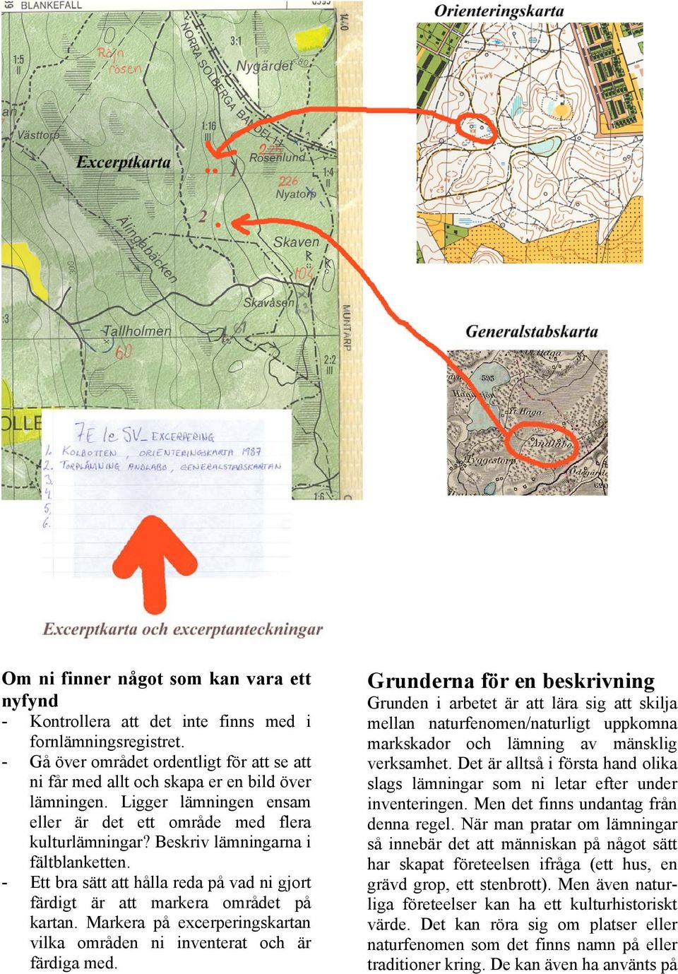 Beskriv lämningarna i fältblanketten. - Ett bra sätt att hålla reda på vad ni gjort färdigt är att markera området på kartan.