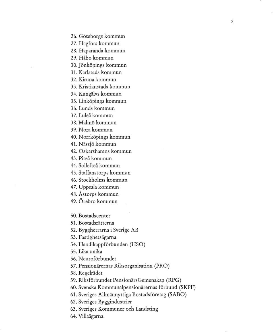 Staffans torps kommun 46. Stockholms kommun 47. Uppsala kommun 48. Åstorps kommun 49. Örebro kommun 50. Bostadscenter 51. B os tadsrätterna 52. Byggherrarna i Sverige AB 53. Fastighetsägarna 54.