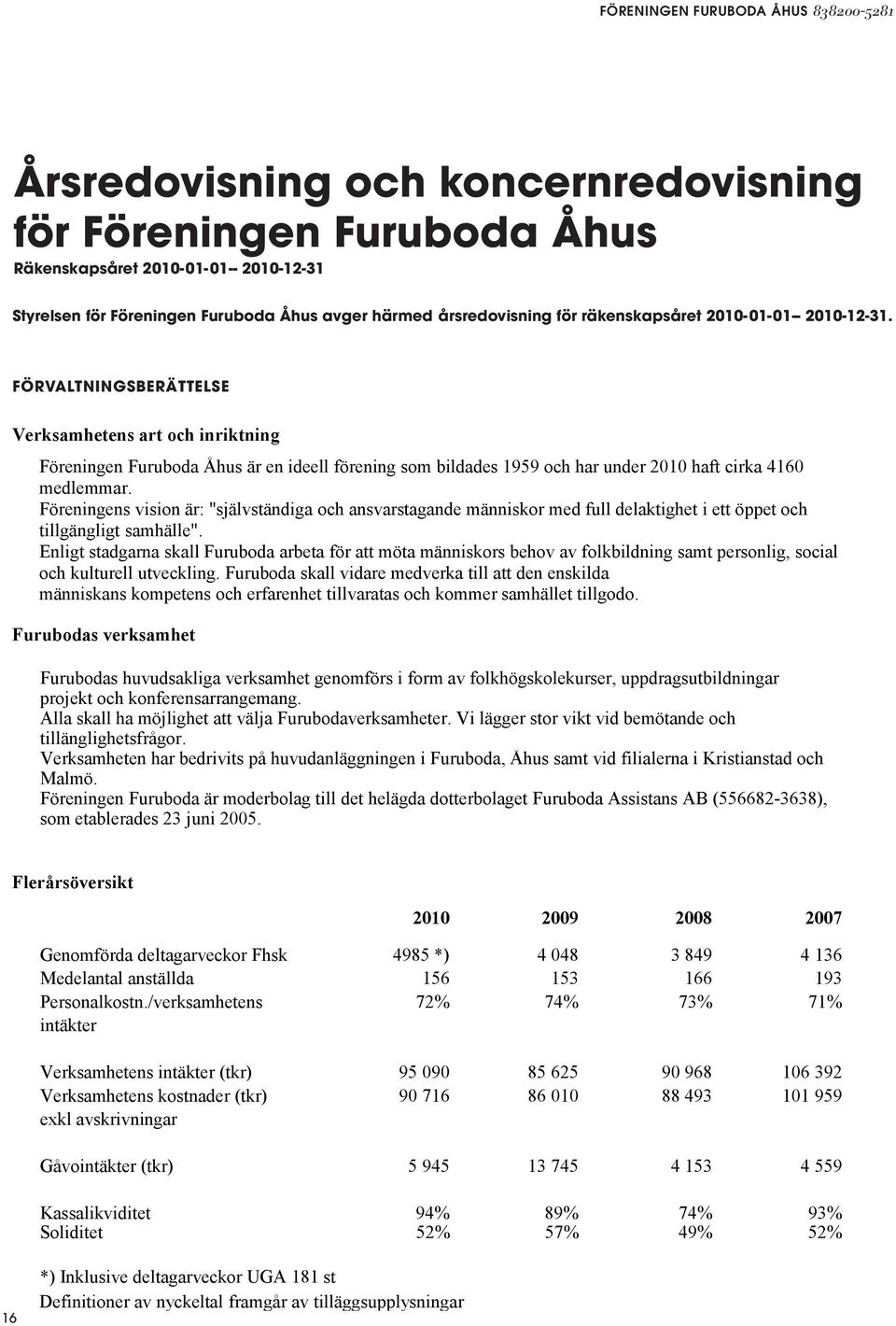 FÖRVALTNINGSBERÄTTELSE Verksamhetens art och inriktning är en ideell förening som bildades 1959 och har under 2010 haft cirka 4160 medlemmar.