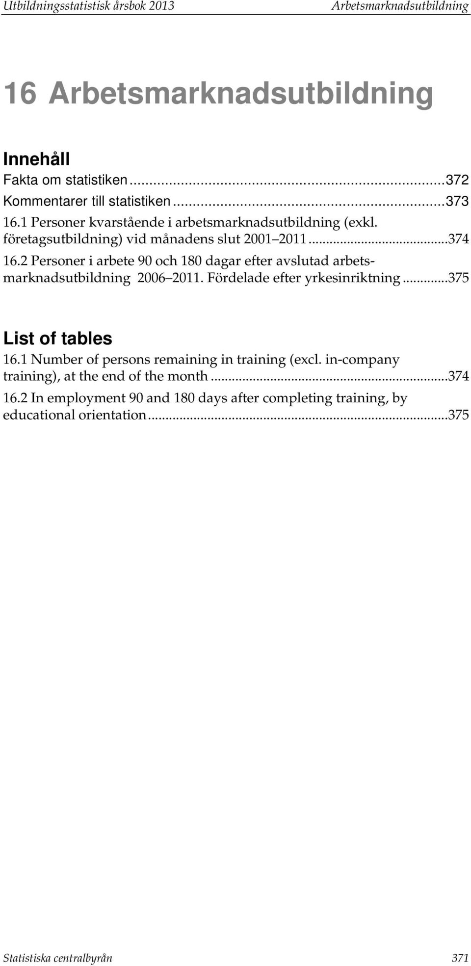 2 Personer i 90 och 180 dagar efter avslutad arbetsmarknadsutbildning 2006 2011. Fördelade efter yrkesinriktning... 375 List of tables 16.