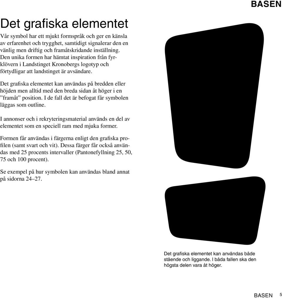 Det grafiska elementet kan användas på bredden eller höjden men alltid med den breda sidan åt höger i en framåt position. I de fall det är befogat får symbolen läggas som outline.