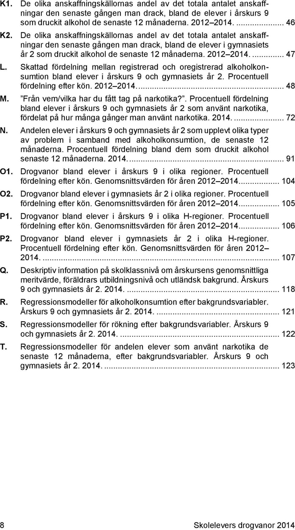Skattad fördelning mellan registrerad och oregistrerad alkoholkonsumtion bland elever i årskurs 9 och gymnasiets år 2. Procentuell fördelning efter kön. 2012 2014.... 48 M.