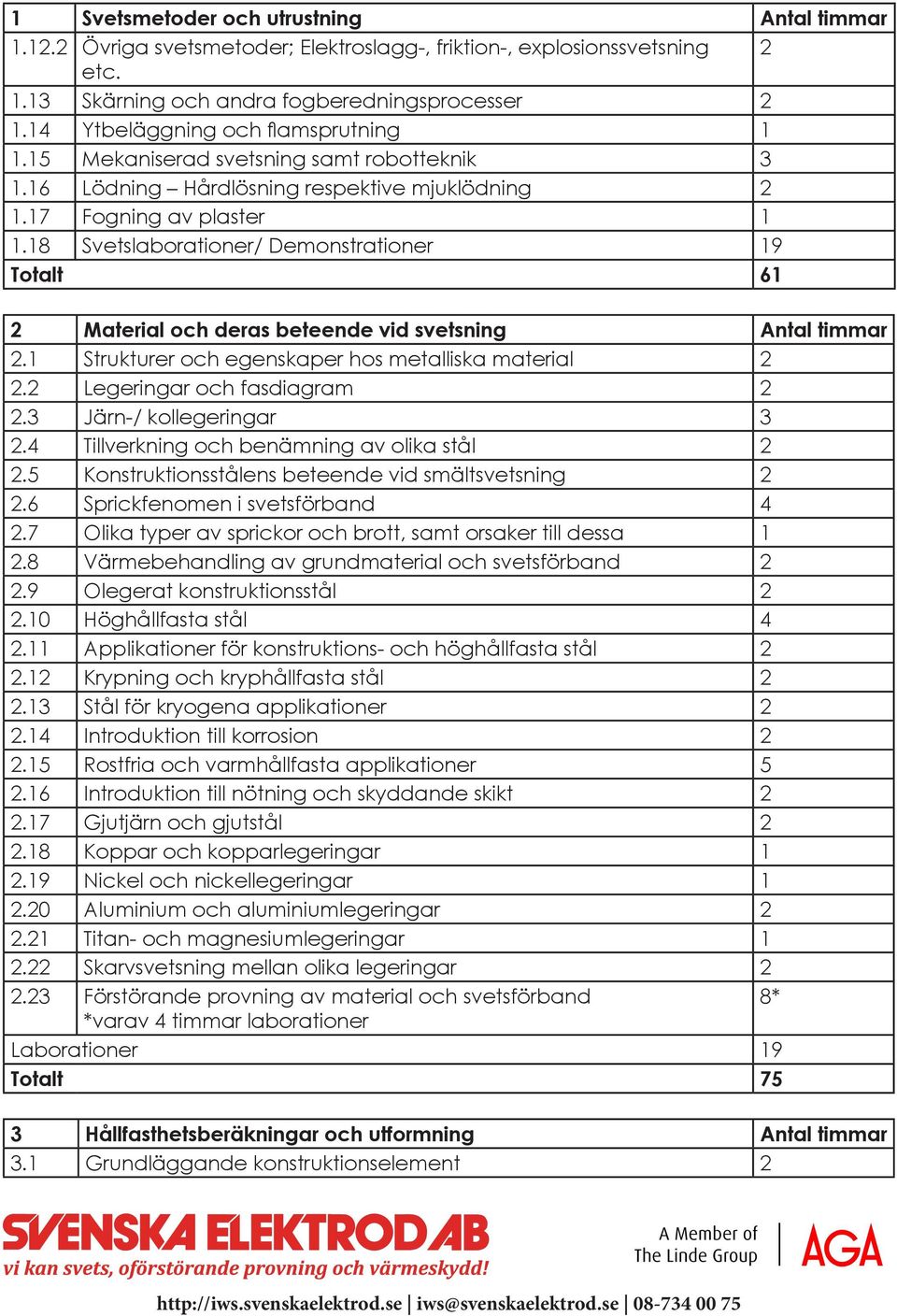 18 Svetslaborationer/ Demonstrationer 19 Totalt 61 2 Material och deras beteende vid svetsning Antal timmar 2.1 Strukturer och egenskaper hos metalliska material 2 2.2 Legeringar och fasdiagram 2 2.