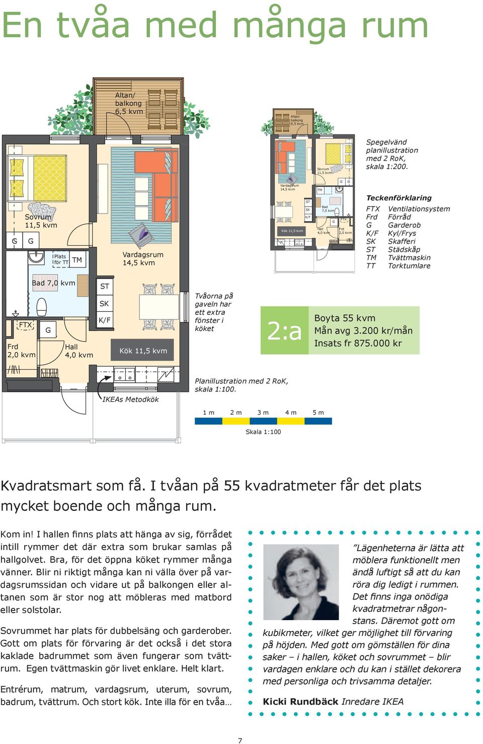 Kyl/rys SK Skafferi ST Städskåp TM Tvättmaskin TT Torktumlare TX rd 2,0 kvm Bad 7,0 kvm Hall 4,0 kvm ST SK K/ Kök 11,5 kvm Tvåorna på gaveln har ett extra fönster i köket 2:a Boyta 55 kvm Mån avg 3.