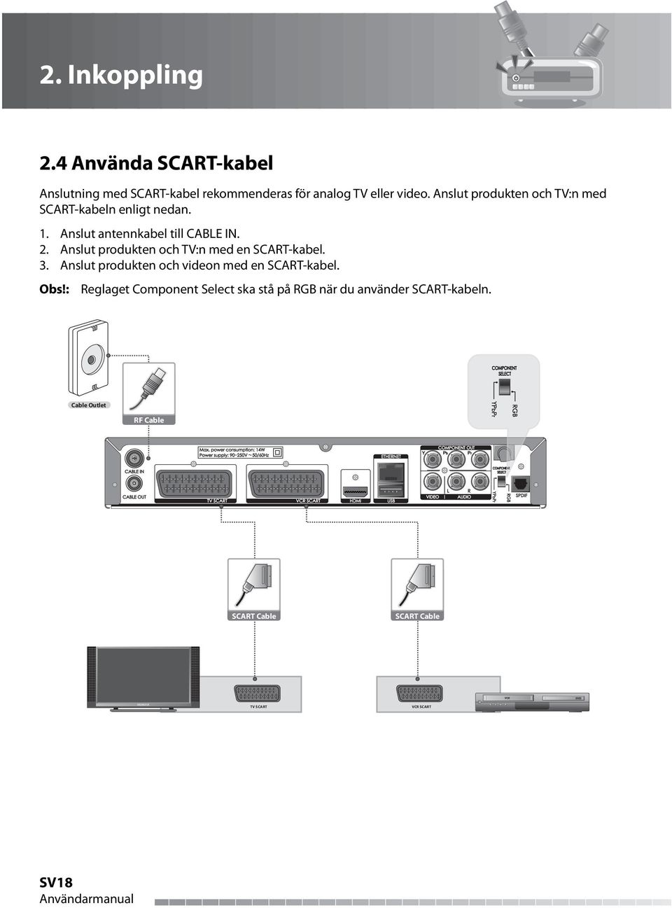 Anslut produkten och TV:n med en SCART-kabel. 3. Anslut produkten och videon med en SCART-kabel. Obs!