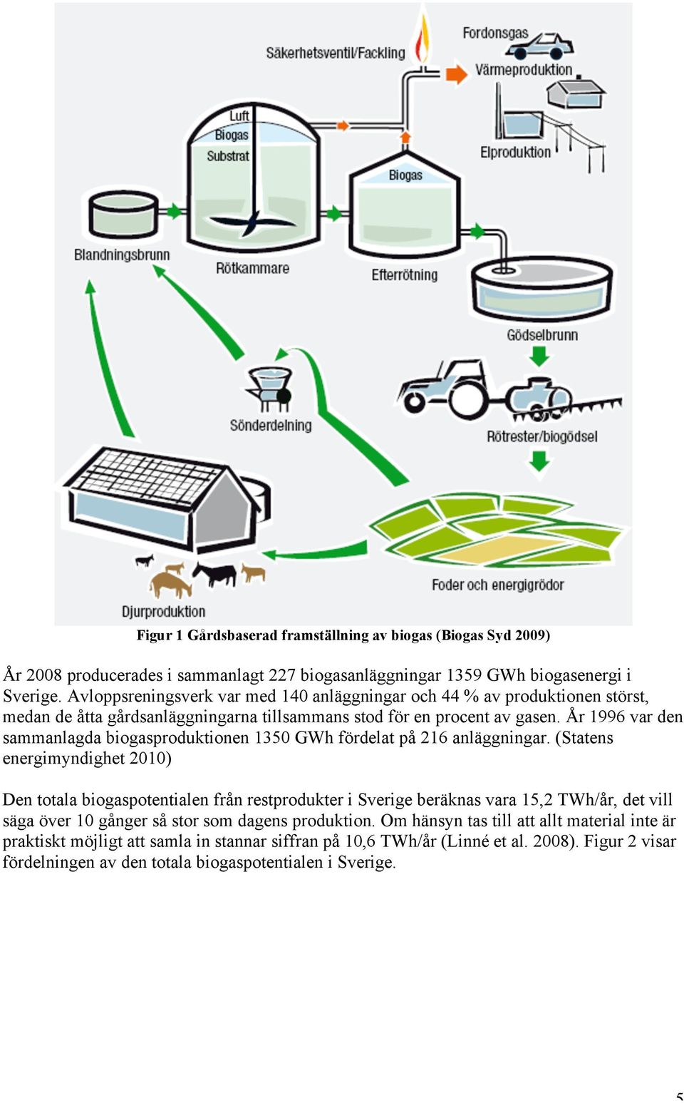 År 1996 var den sammanlagda biogasproduktionen 1350 GWh fördelat på 216 anläggningar.