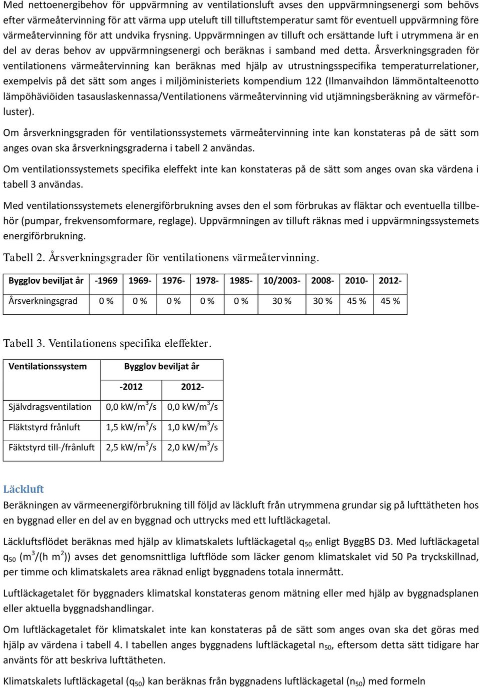 Årsverkningsgraden för ventilationens värmeåtervinning kan beräknas med hjälp av utrustningsspecifika temperaturrelationer, exempelvis på det sätt som anges i miljöministeriets kompendium 122