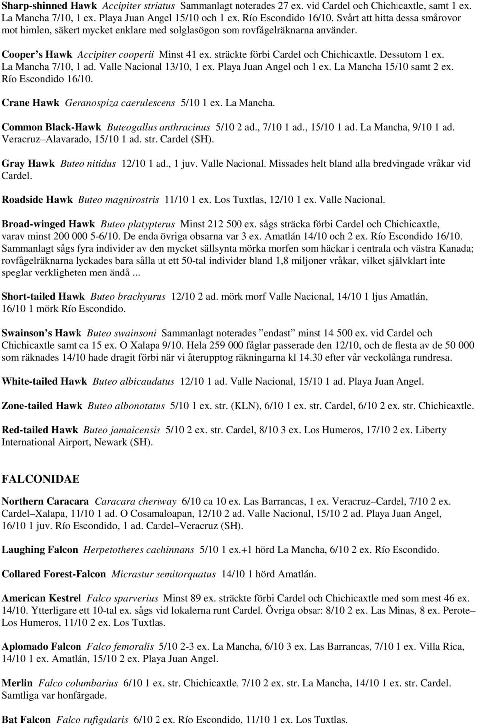 Dessutom 1 ex. La Mancha 7/10, 1 ad. Valle Nacional 13/10, 1 ex. Playa Juan Angel och 1 ex. La Mancha 15/10 samt 2 ex. Río Escondido 16/10. Crane Hawk Geranospiza caerulescens 5/10 1 ex. La Mancha. Common Black-Hawk Buteogallus anthracinus 5/10 2 ad.