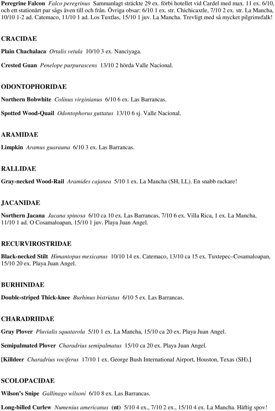 Crested Guan Penelope purpurascens 13/10 2 hörda Valle Nacional. ODONTOPHORIDAE Northern Bobwhite Colinus virginianus 6/10 6 ex. Las Barrancas. Spotted Wood-Quail Odontophorus guttatus 13/10 6 sj.