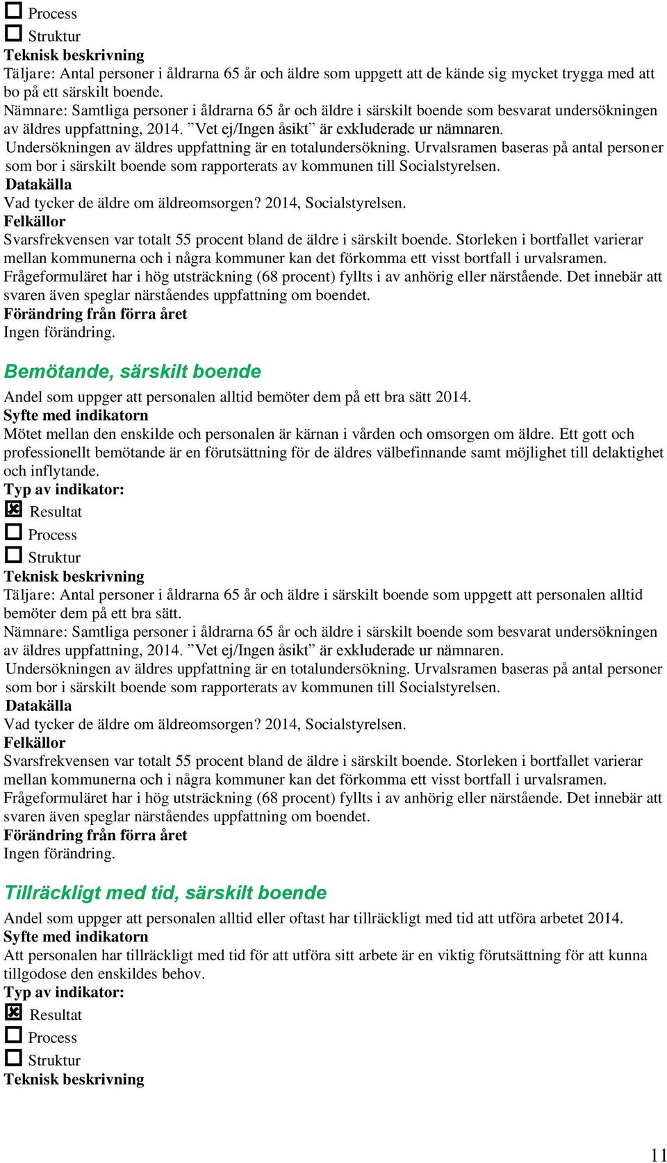 Undersökningen av äldres uppfattning är en totalundersökning. Urvalsramen baseras på antal personer som bor i särskilt boende som rapporterats av kommunen till Socialstyrelsen.