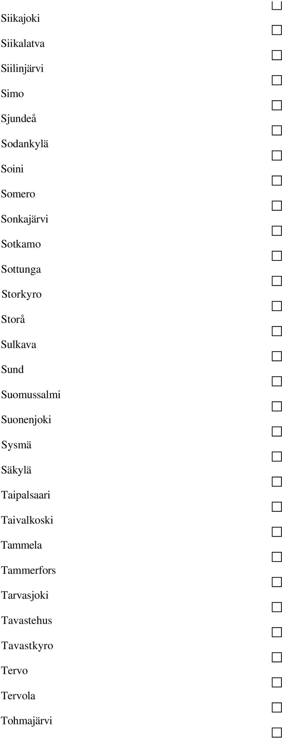 Suomussalmi Suonenjoki Sysmä Säkylä Taipalsaari Taivalkoski