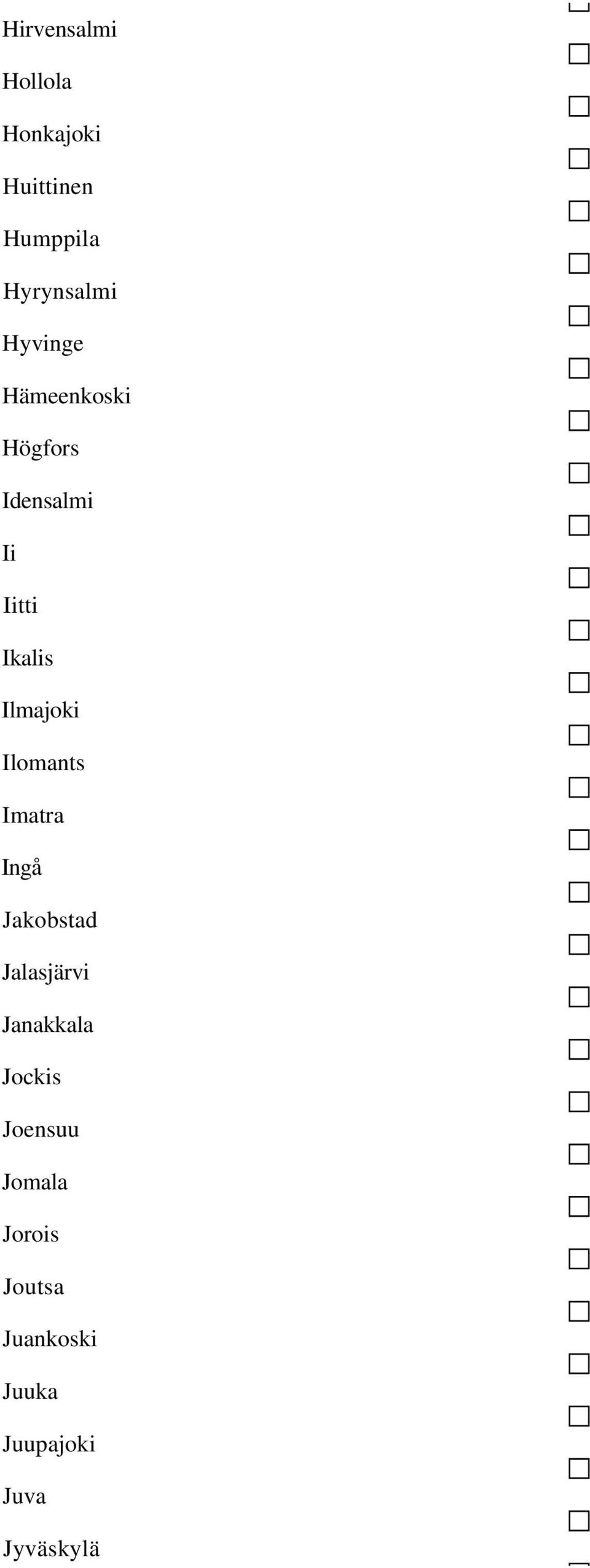 Ilomants Imatra Ingå Jakobstad Jalasjärvi Janakkala Jockis