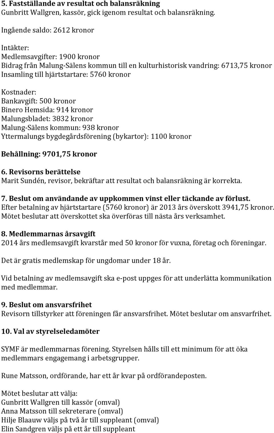 Kostnader: Bankavgift: 500 kronor Binero Hemsida: 914 kronor Malungsbladet: 3832 kronor Malung-Sälens kommun: 938 kronor Yttermalungs bygdegårdsförening (bykartor): 1100 kronor Behållning: 9701,75