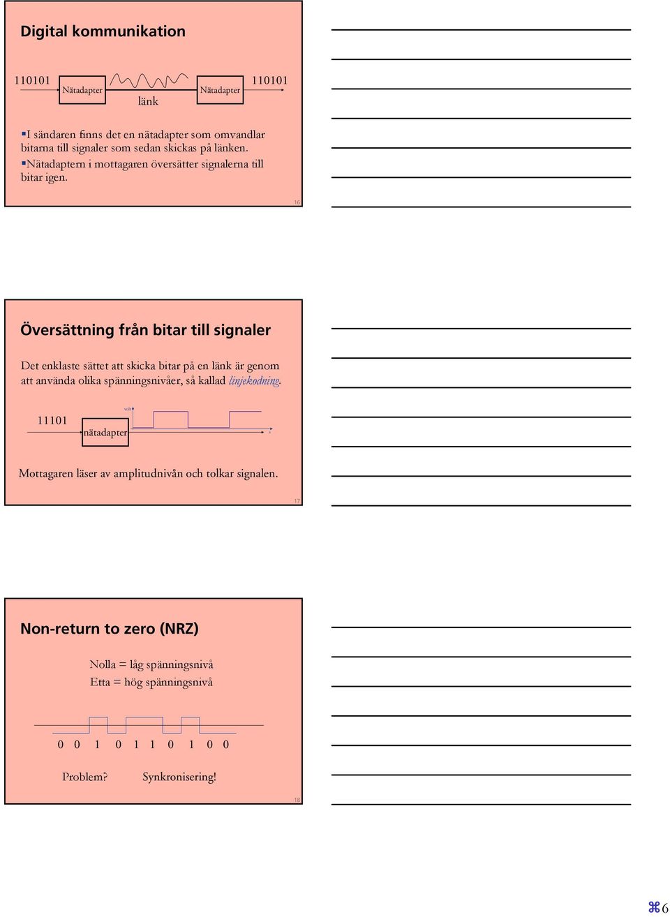 16 Översättning från bitar till signaler Det enklaste sättet att skicka bitar på en länk är genom att använda olika spänningsnivåer, så kallad
