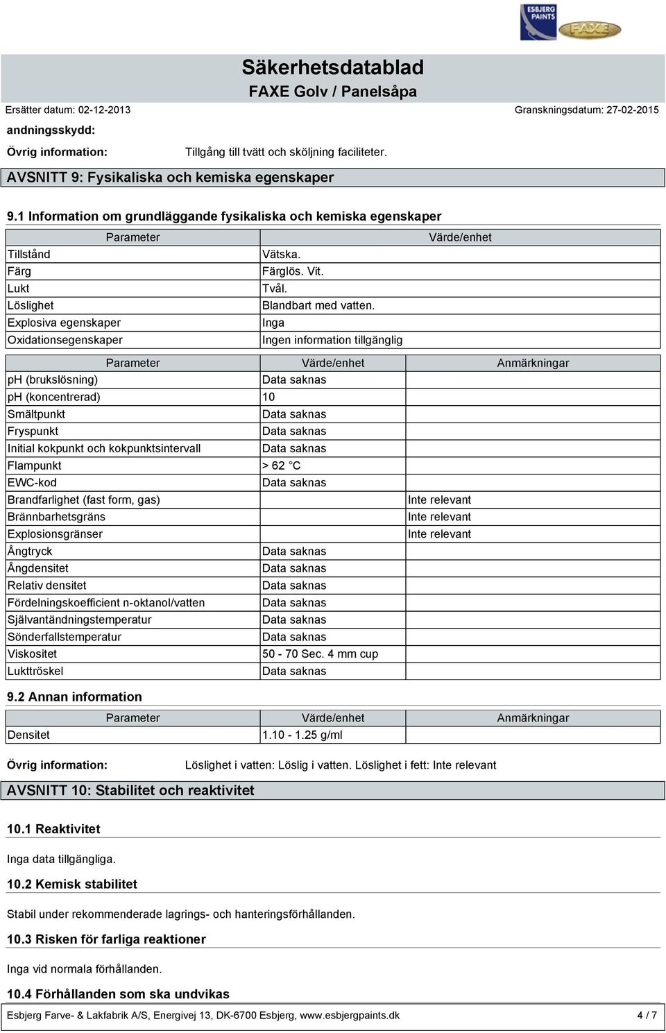 Inga Värde/enhet Parameter Värde/enhet Anmärkningar ph (brukslösning) ph (koncentrerad) 10 Smältpunkt Fryspunkt Initial kokpunkt och kokpunktsintervall Flampunkt > 62 C EWC-kod Brandfarlighet (fast