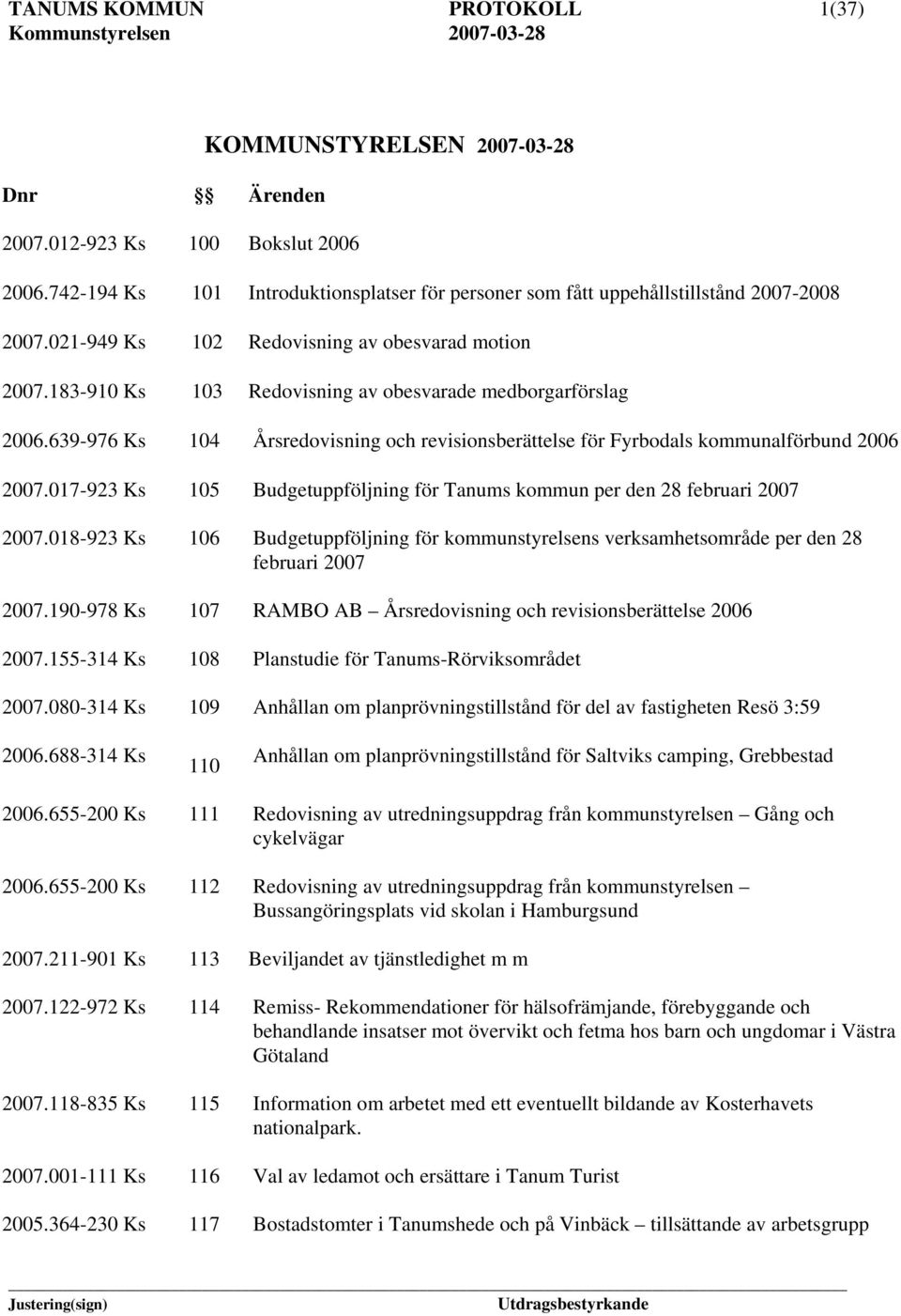 639-976 Ks 104 Årsredovisning och revisionsberättelse för Fyrbodals kommunalförbund 2006 2007.017-923 Ks 105 Budgetuppföljning för Tanums kommun per den 28 februari 2007 2007.