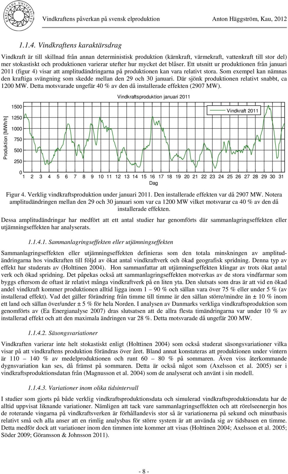 mycket det blåser. Ett utsnitt ur produktionen från januari 211 (figur 4) visar att amplitudändringarna på produktionen kan vara relativt stora.