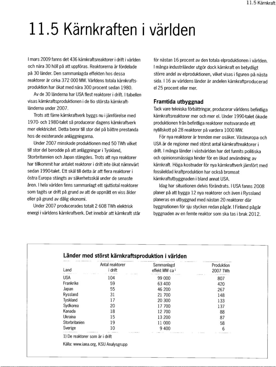 I tabellen visas kärnkraftsproduktionen i de tio största kärnkraft Iänderna under 2007.