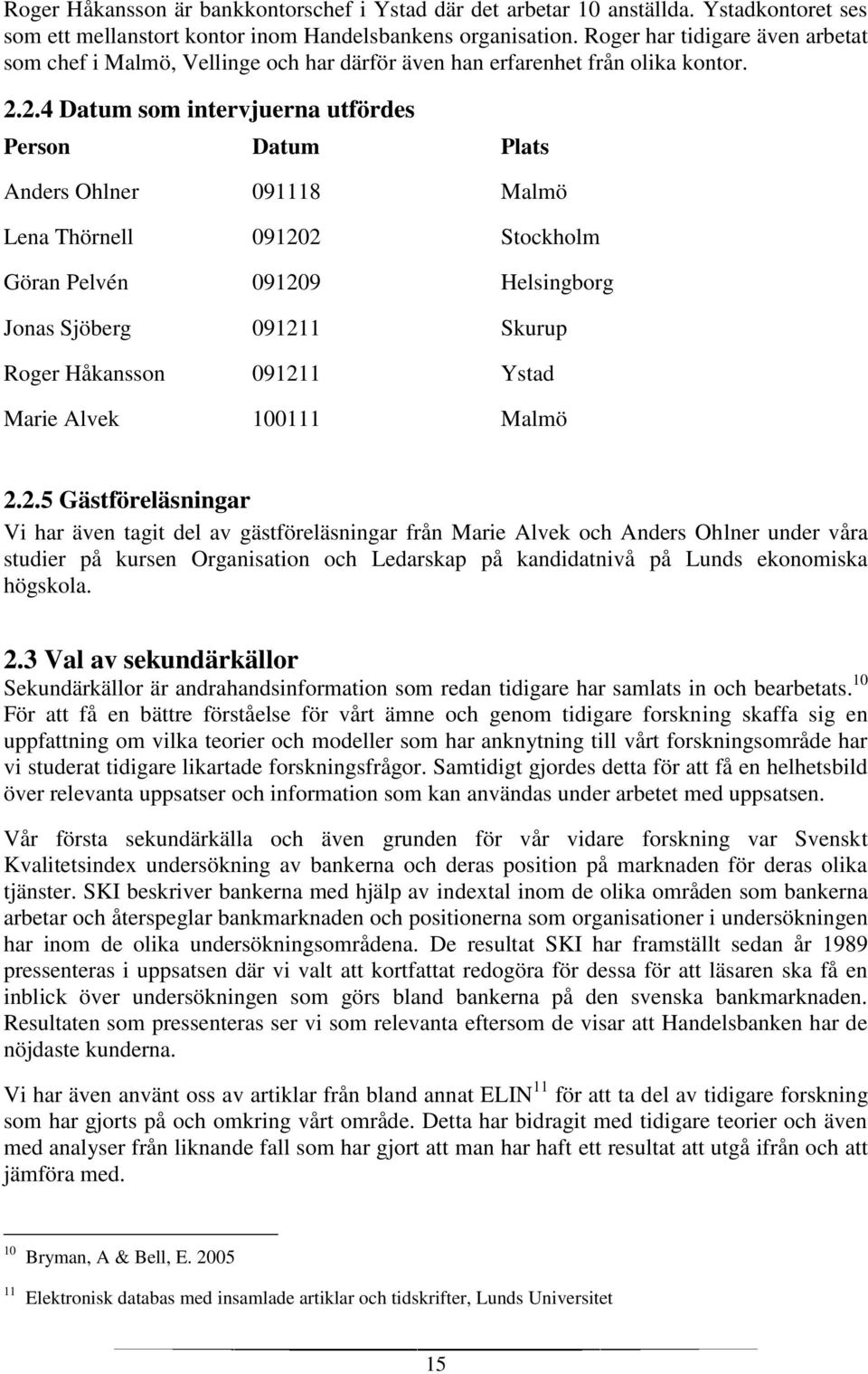 2.4 Datum som intervjuerna utfördes Person Datum Plats Anders Ohlner 091118 Malmö Lena Thörnell 091202 Stockholm Göran Pelvén 091209 Helsingborg Jonas Sjöberg 091211 Skurup Roger Håkansson 091211