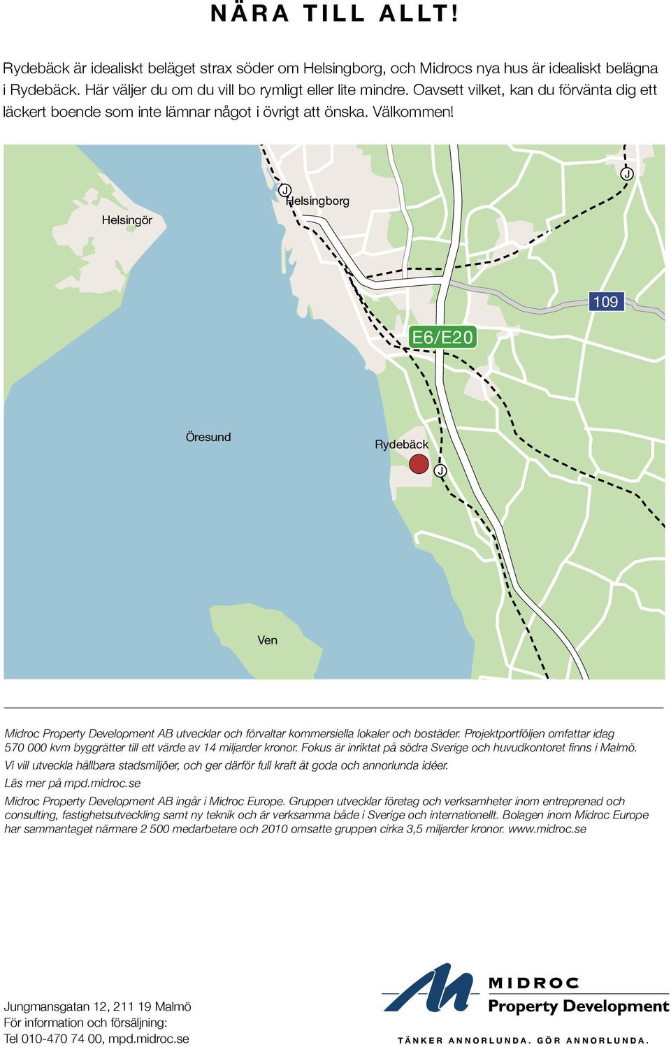 Helsingör Helsingborg 1 1 109 E6/E20 Öresund Rydebäck Ven Midroc Property Development AB utvecklar och förvaltar kommersiella lokaler och bostäder.