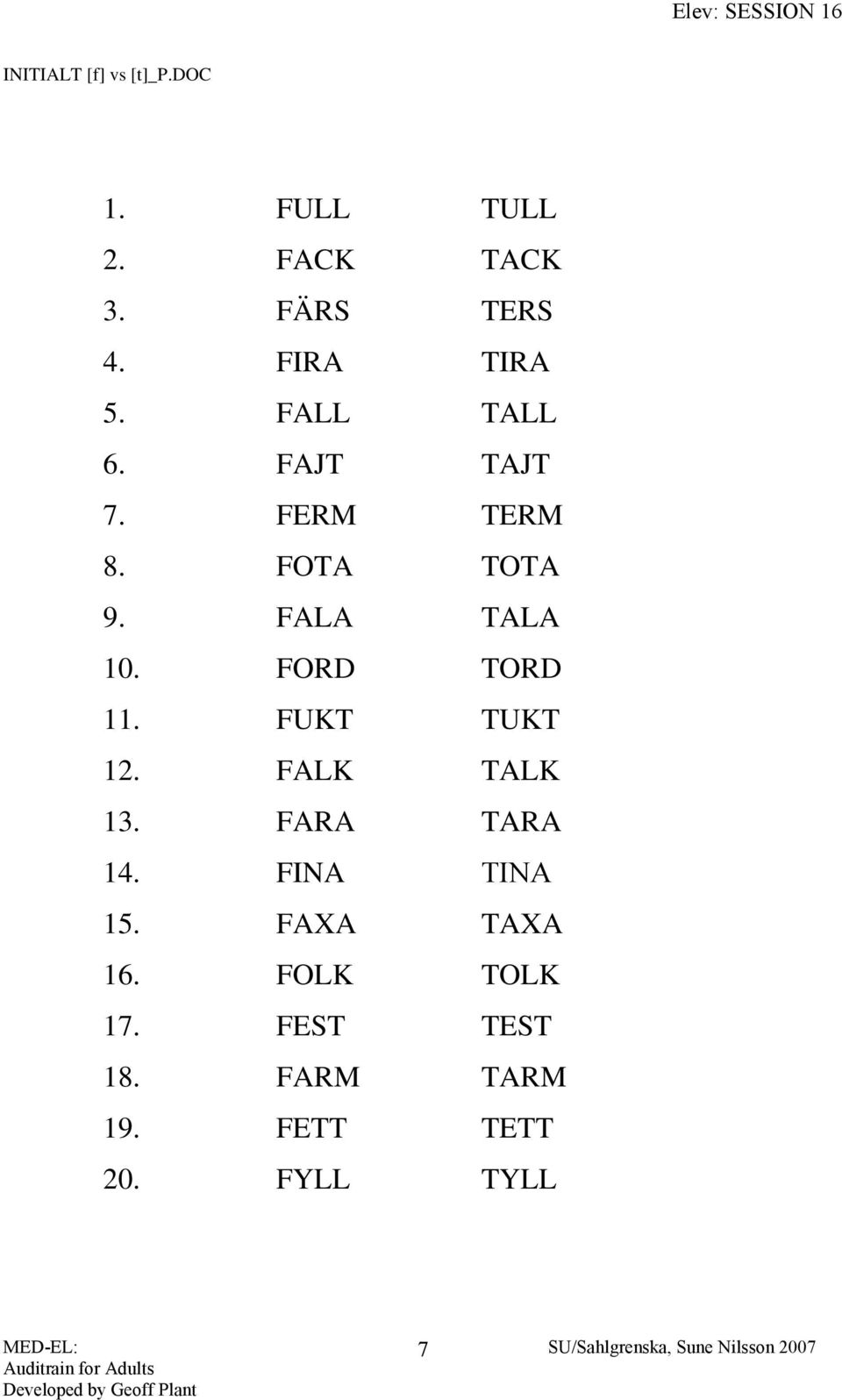 FALA TALA 10. FORD TORD 11. FUKT TUKT 12. FALK TALK 13. FARA TARA 14.