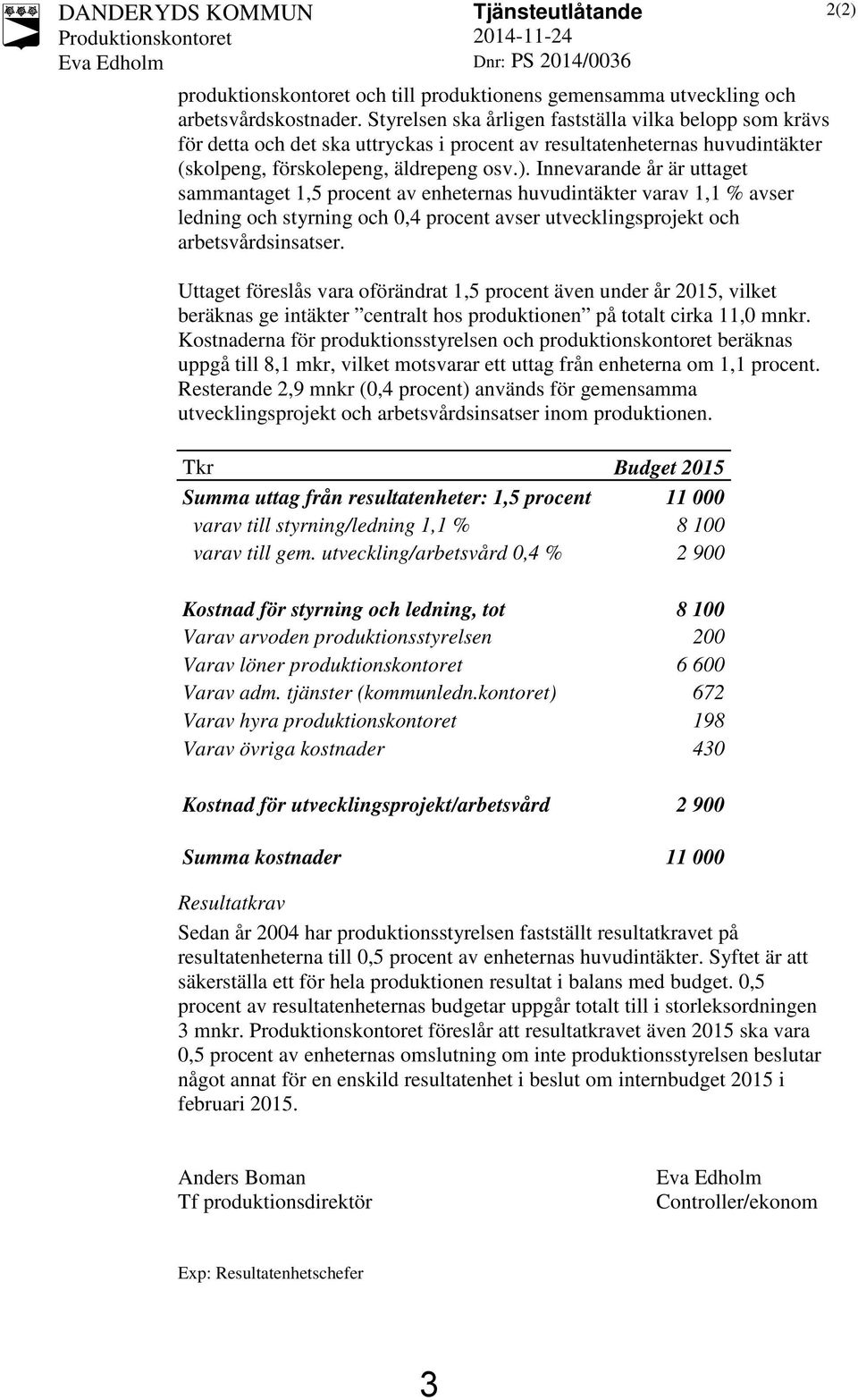 Innevarande år är uttaget sammantaget 1,5 procent av enheternas huvudintäkter varav 1,1 % avser ledning och styrning och 0,4 procent avser utvecklingsprojekt och arbetsvårdsinsatser.