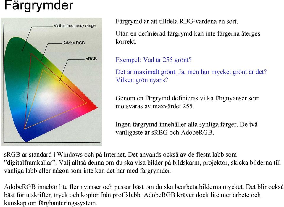 De två vanligaste är srbg och AdobeRGB. srgb är standard i Windows och på Internet. Det används också av de flesta labb som digitalframkallar.